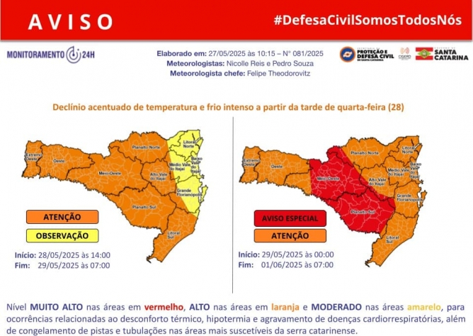 Frente fria intensa avança sobre Santa Catarina e Defesa Civil emite alerta especial para o estado