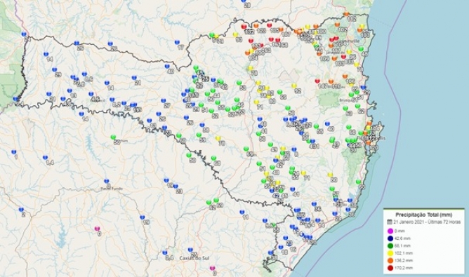 Santa Catarina registra totais elevados de chuva; estado é de atenção até sexta-feira